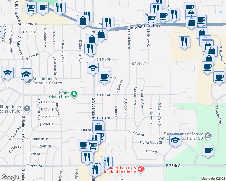 map of restaurants, bars, coffee shops, grocery stores, and more near 1001-1199 South Suburban Drive in Sioux Falls