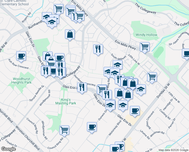 map of restaurants, bars, coffee shops, grocery stores, and more near 3271 Chokecherry Crescent in Mississauga