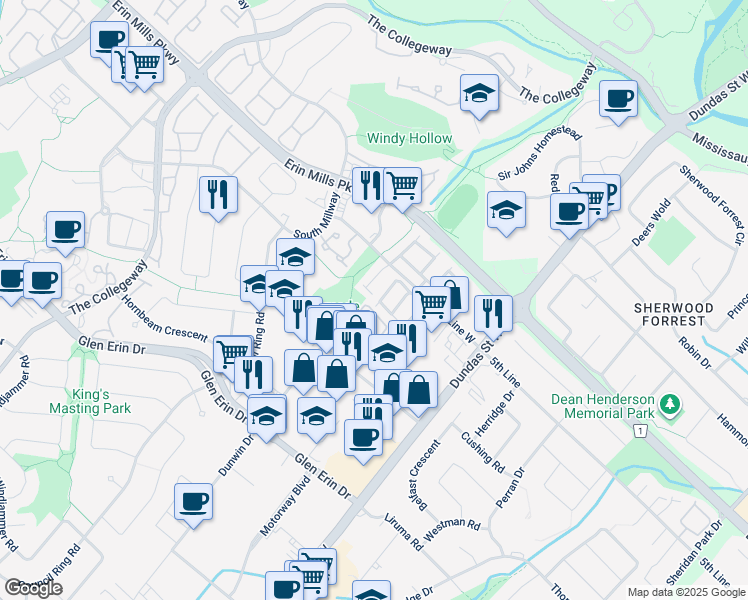 map of restaurants, bars, coffee shops, grocery stores, and more near 3100 Fifth Line West in Mississauga