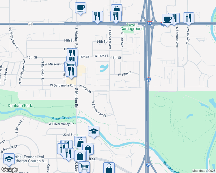 map of restaurants, bars, coffee shops, grocery stores, and more near 4901 West Epsilon Place in Sioux Falls