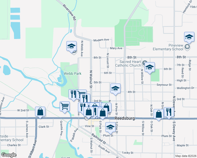 map of restaurants, bars, coffee shops, grocery stores, and more near 534 North Walnut Street in Reedsburg
