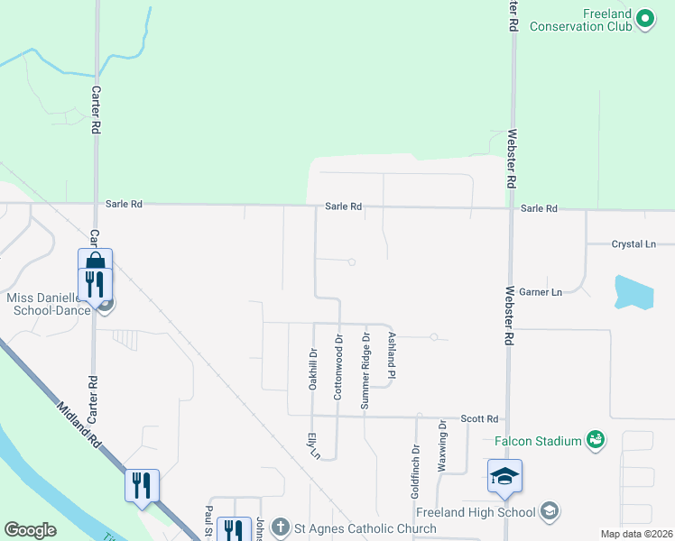 map of restaurants, bars, coffee shops, grocery stores, and more near 10417 Hardwood Court in Freeland