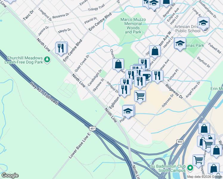 map of restaurants, bars, coffee shops, grocery stores, and more near 5054 Intrepid Drive in Mississauga