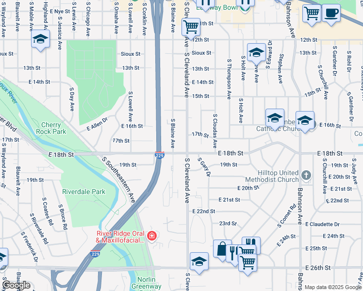 map of restaurants, bars, coffee shops, grocery stores, and more near 1025 South Cleveland Avenue in Sioux Falls