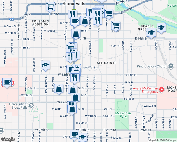 map of restaurants, bars, coffee shops, grocery stores, and more near 111 West 17th Street in Sioux Falls