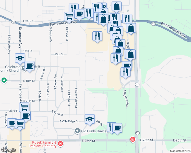 map of restaurants, bars, coffee shops, grocery stores, and more near South Highline Place in Sioux Falls