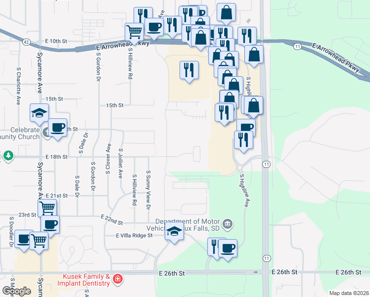 map of restaurants, bars, coffee shops, grocery stores, and more near South Highline Place in Sioux Falls