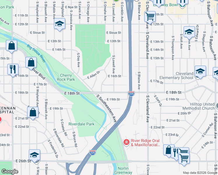 map of restaurants, bars, coffee shops, grocery stores, and more near 2304 East 17th Street in Sioux Falls