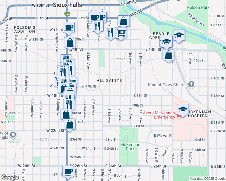 map of restaurants, bars, coffee shops, grocery stores, and more near 914 South 1st Avenue in Sioux Falls