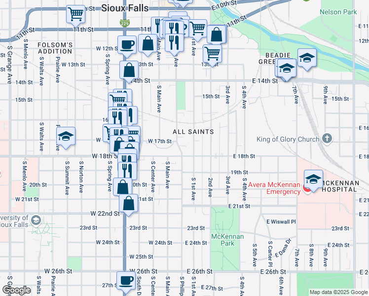 map of restaurants, bars, coffee shops, grocery stores, and more near 906 South Phillips Avenue in Sioux Falls