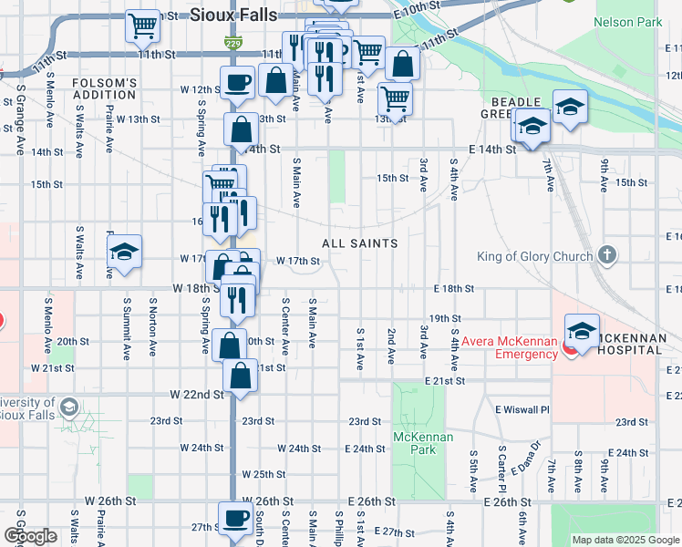 map of restaurants, bars, coffee shops, grocery stores, and more near 906 South Phillips Avenue in Sioux Falls