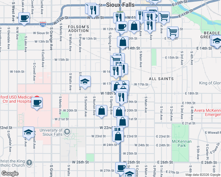 map of restaurants, bars, coffee shops, grocery stores, and more near 413 West 17th Street in Sioux Falls
