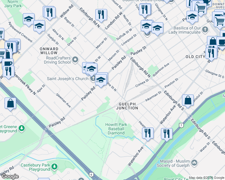 map of restaurants, bars, coffee shops, grocery stores, and more near 44 Alma Street North in Guelph