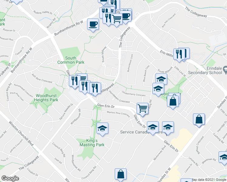 map of restaurants, bars, coffee shops, grocery stores, and more near 2340-2360 The Collegeway in Mississauga