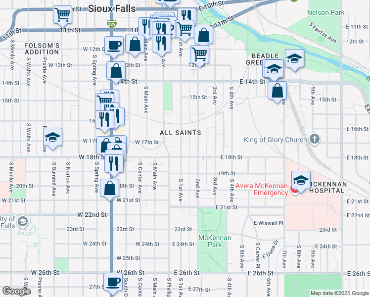 map of restaurants, bars, coffee shops, grocery stores, and more near 914 South 1st Avenue in Sioux Falls