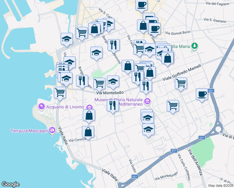 map of restaurants, bars, coffee shops, grocery stores, and more near in Livorno