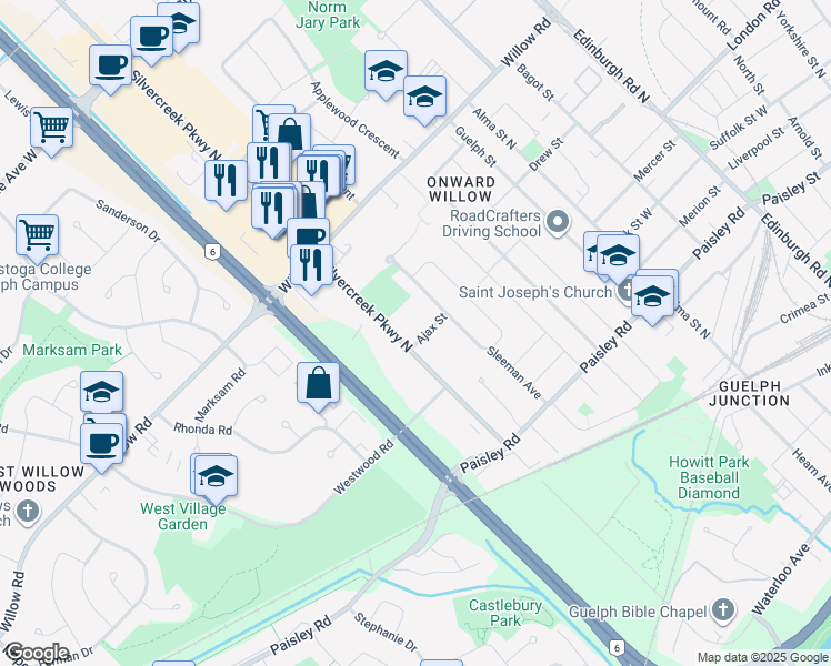 map of restaurants, bars, coffee shops, grocery stores, and more near 7 Ajax Street in Guelph