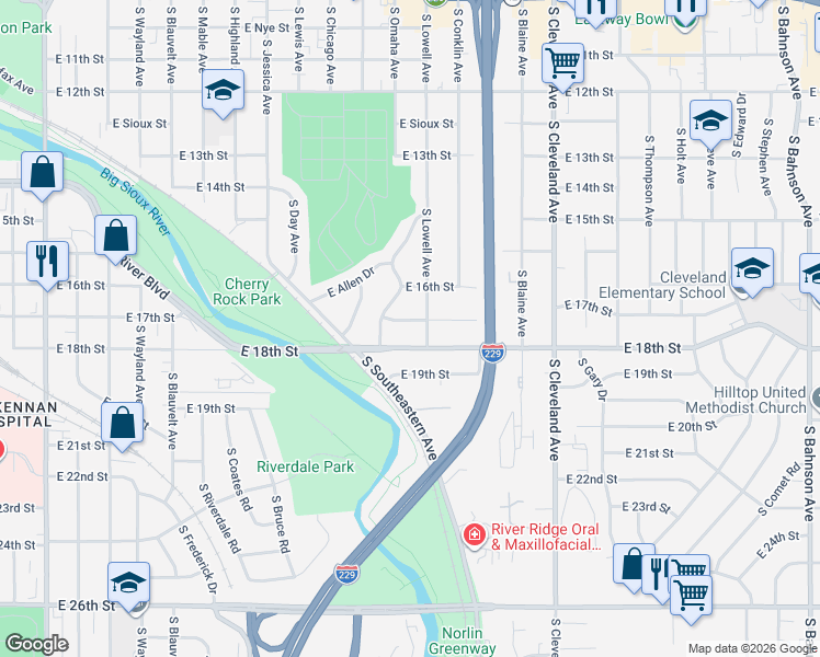 map of restaurants, bars, coffee shops, grocery stores, and more near 2304 East 17th Street in Sioux Falls