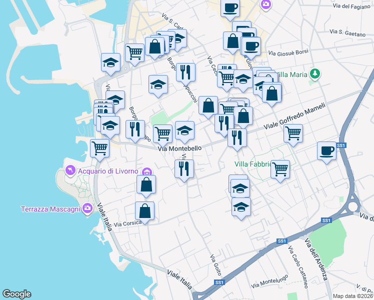 map of restaurants, bars, coffee shops, grocery stores, and more near in Livorno
