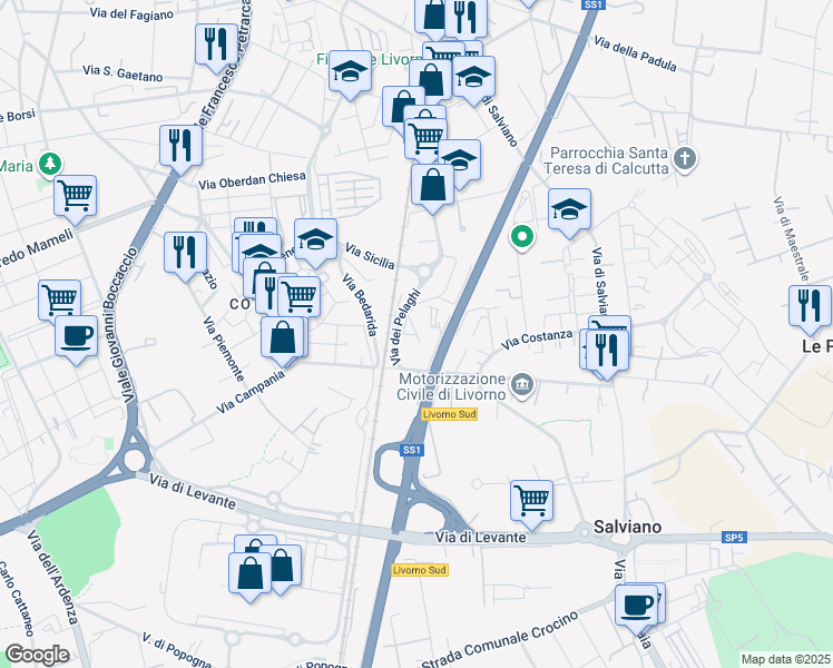 map of restaurants, bars, coffee shops, grocery stores, and more near 98 Via dei Pelaghi in Livorno