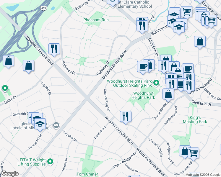 map of restaurants, bars, coffee shops, grocery stores, and more near 3635 Pitch Pine Crescent in Mississauga