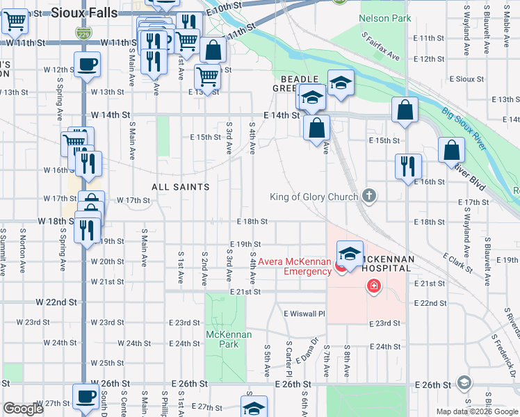 map of restaurants, bars, coffee shops, grocery stores, and more near 914 South 4th Avenue in Sioux Falls