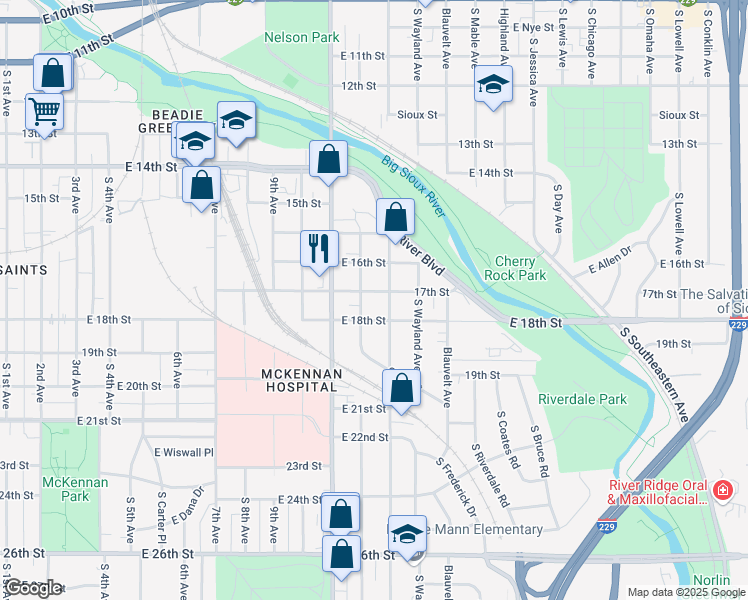 map of restaurants, bars, coffee shops, grocery stores, and more near 1307 East 17th Street in Sioux Falls
