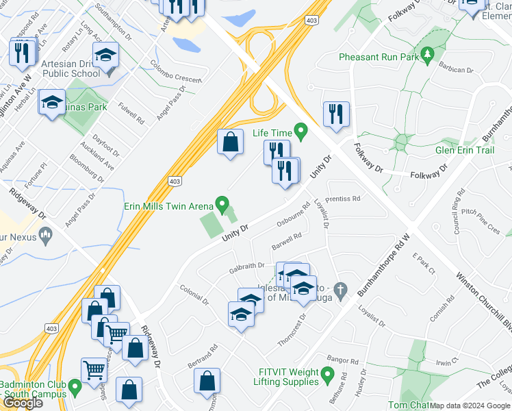 map of restaurants, bars, coffee shops, grocery stores, and more near 3165 Unity Drive in Mississauga