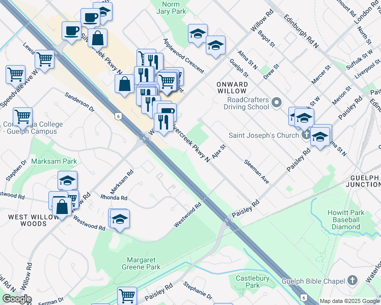 map of restaurants, bars, coffee shops, grocery stores, and more near 100 Silvercreek Parkway North in Guelph