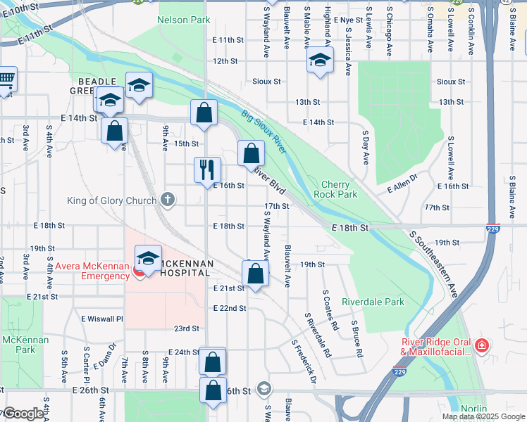 map of restaurants, bars, coffee shops, grocery stores, and more near 1003 South Wayland Avenue in Sioux Falls
