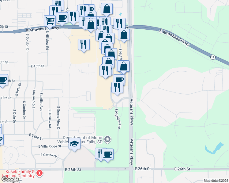 map of restaurants, bars, coffee shops, grocery stores, and more near 1100 South Highline Place in Sioux Falls