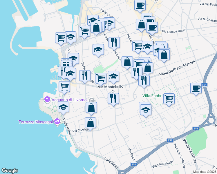 map of restaurants, bars, coffee shops, grocery stores, and more near 100 Via Montebello in Livorno