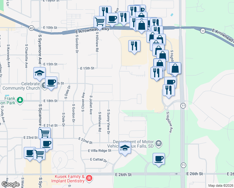 map of restaurants, bars, coffee shops, grocery stores, and more near 5116 East 17th Street in Sioux Falls