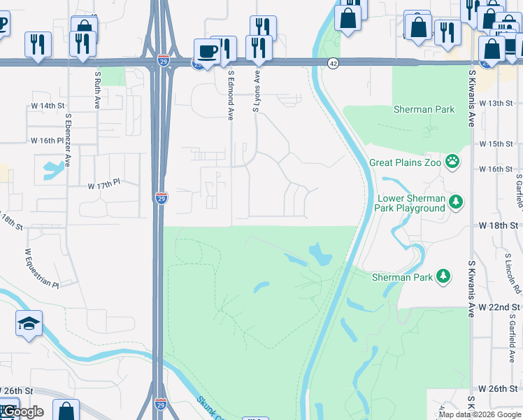 map of restaurants, bars, coffee shops, grocery stores, and more near 4112 West Newcomb Street in Sioux Falls