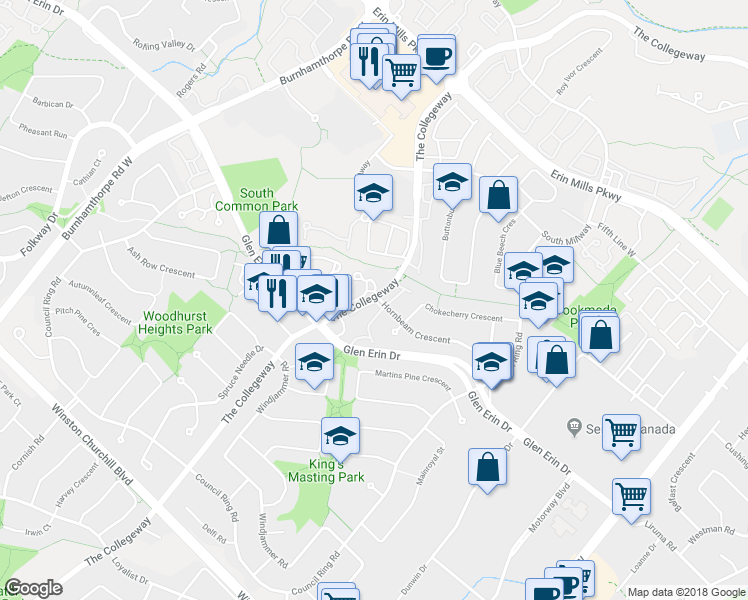 map of restaurants, bars, coffee shops, grocery stores, and more near 2340 The Collegeway in Mississauga