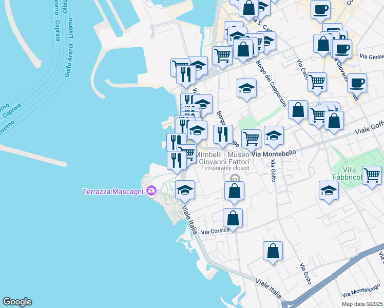 map of restaurants, bars, coffee shops, grocery stores, and more near 125 Viale Italia in Livorno