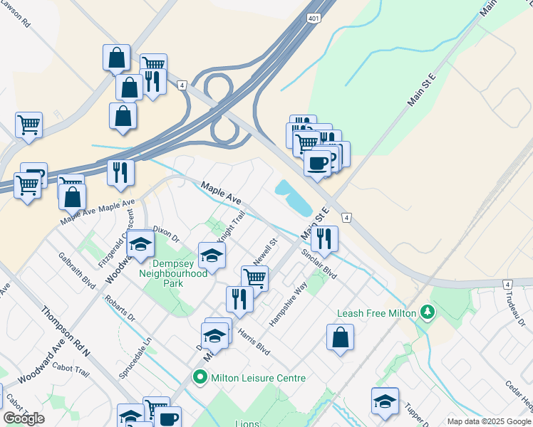 map of restaurants, bars, coffee shops, grocery stores, and more near in Milton