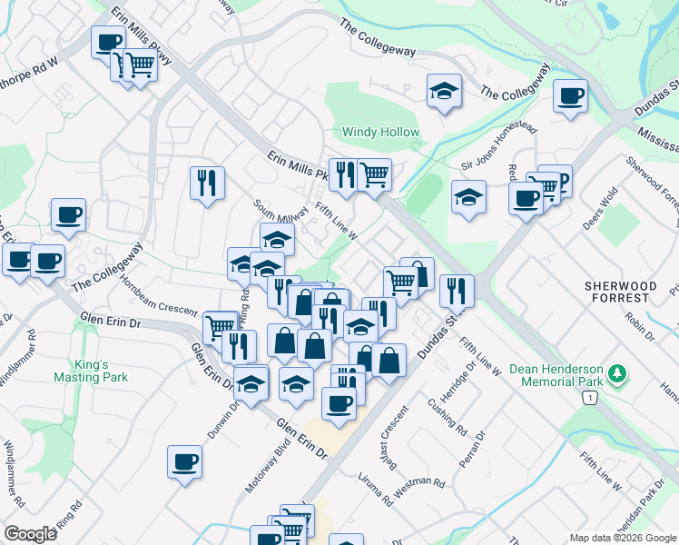 map of restaurants, bars, coffee shops, grocery stores, and more near 3140 Fifth Line West in Mississauga