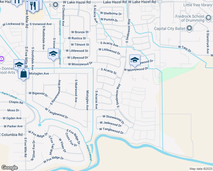 map of restaurants, bars, coffee shops, grocery stores, and more near 9665 West Shelterwood Drive in Boise