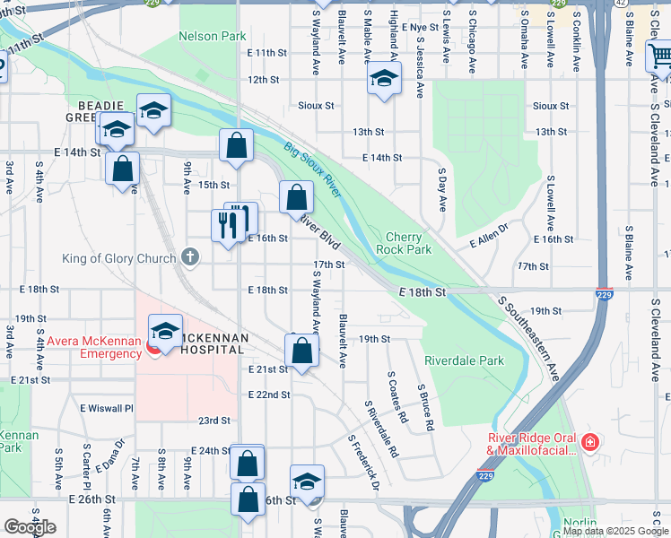map of restaurants, bars, coffee shops, grocery stores, and more near 1509 East 17th Street in Sioux Falls