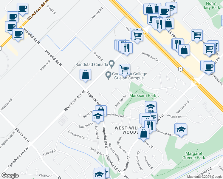 map of restaurants, bars, coffee shops, grocery stores, and more near 51 Grandridge Crescent in Guelph