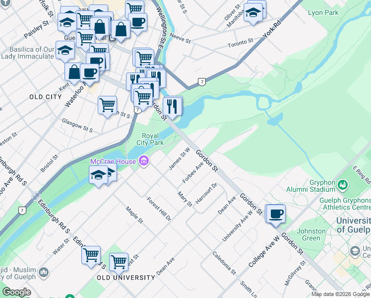 map of restaurants, bars, coffee shops, grocery stores, and more near 15 James Street West in Guelph