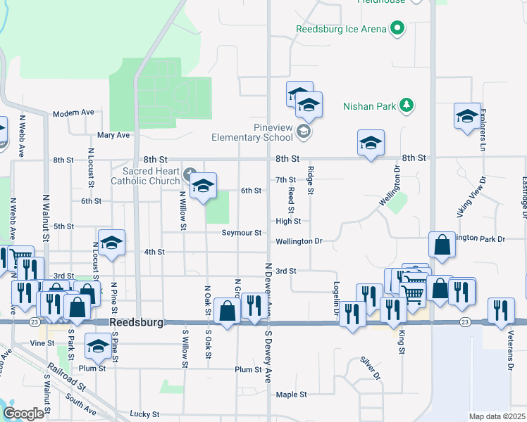 map of restaurants, bars, coffee shops, grocery stores, and more near 543 North Dewey Avenue in Reedsburg