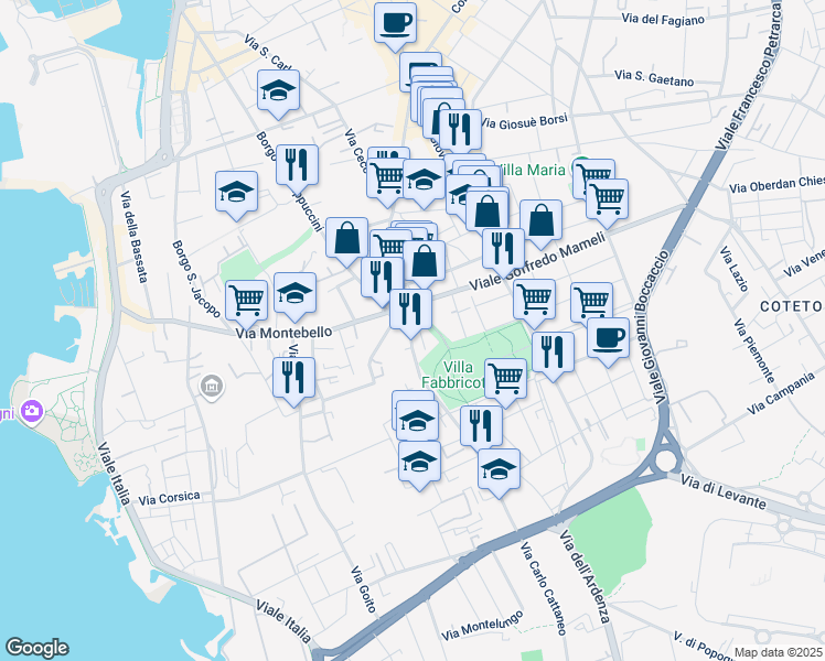 map of restaurants, bars, coffee shops, grocery stores, and more near 139 Via Roma in Livorno