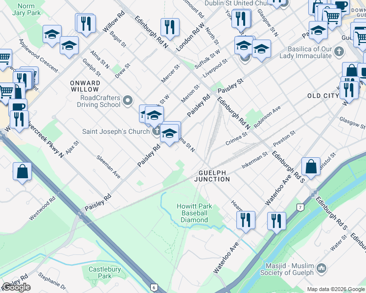 map of restaurants, bars, coffee shops, grocery stores, and more near 60 Alma Street North in Guelph