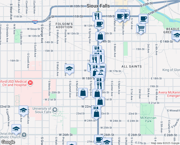 map of restaurants, bars, coffee shops, grocery stores, and more near 909 South Spring Avenue in Sioux Falls