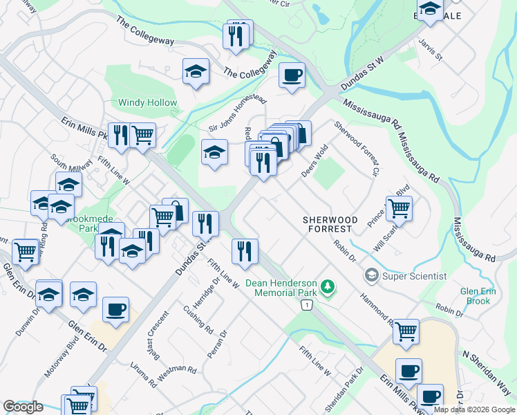 map of restaurants, bars, coffee shops, grocery stores, and more near 2650 Hammond Road in Mississauga