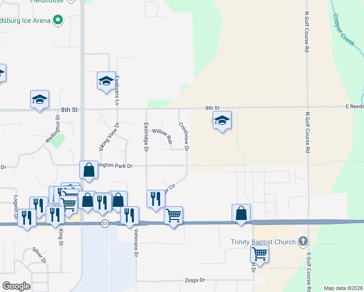 map of restaurants, bars, coffee shops, grocery stores, and more near 2145 Cambridge Court in Reedsburg