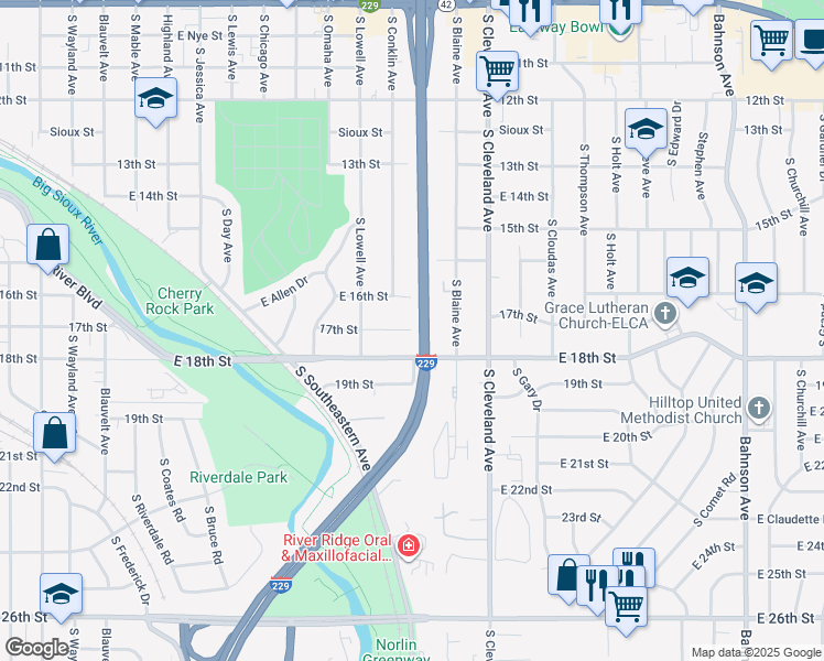 map of restaurants, bars, coffee shops, grocery stores, and more near 2598 East 17th Street in Sioux Falls
