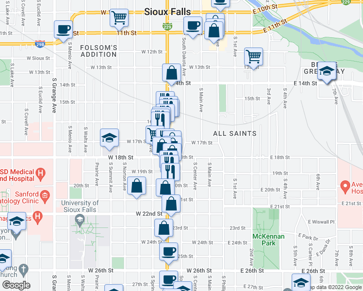 map of restaurants, bars, coffee shops, grocery stores, and more near 903 South Dakota Avenue in Sioux Falls